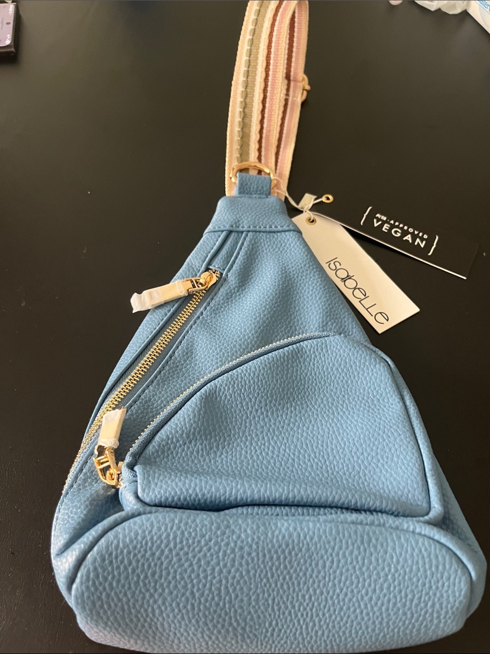 Isabelle Light Blue Vegan Crossbody Sling Bag with Striped Strap